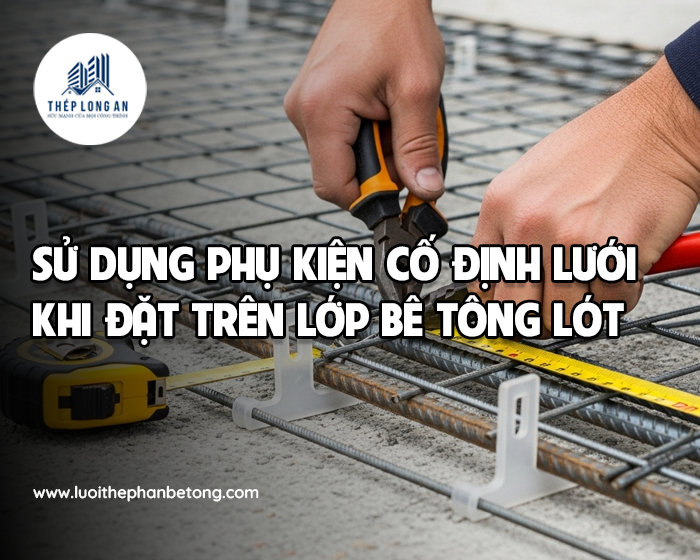 Sử dụng phụ kiện cố định lưới khi đặt trên lớp bê tông lót tại Lưới Thép Hàn Long An